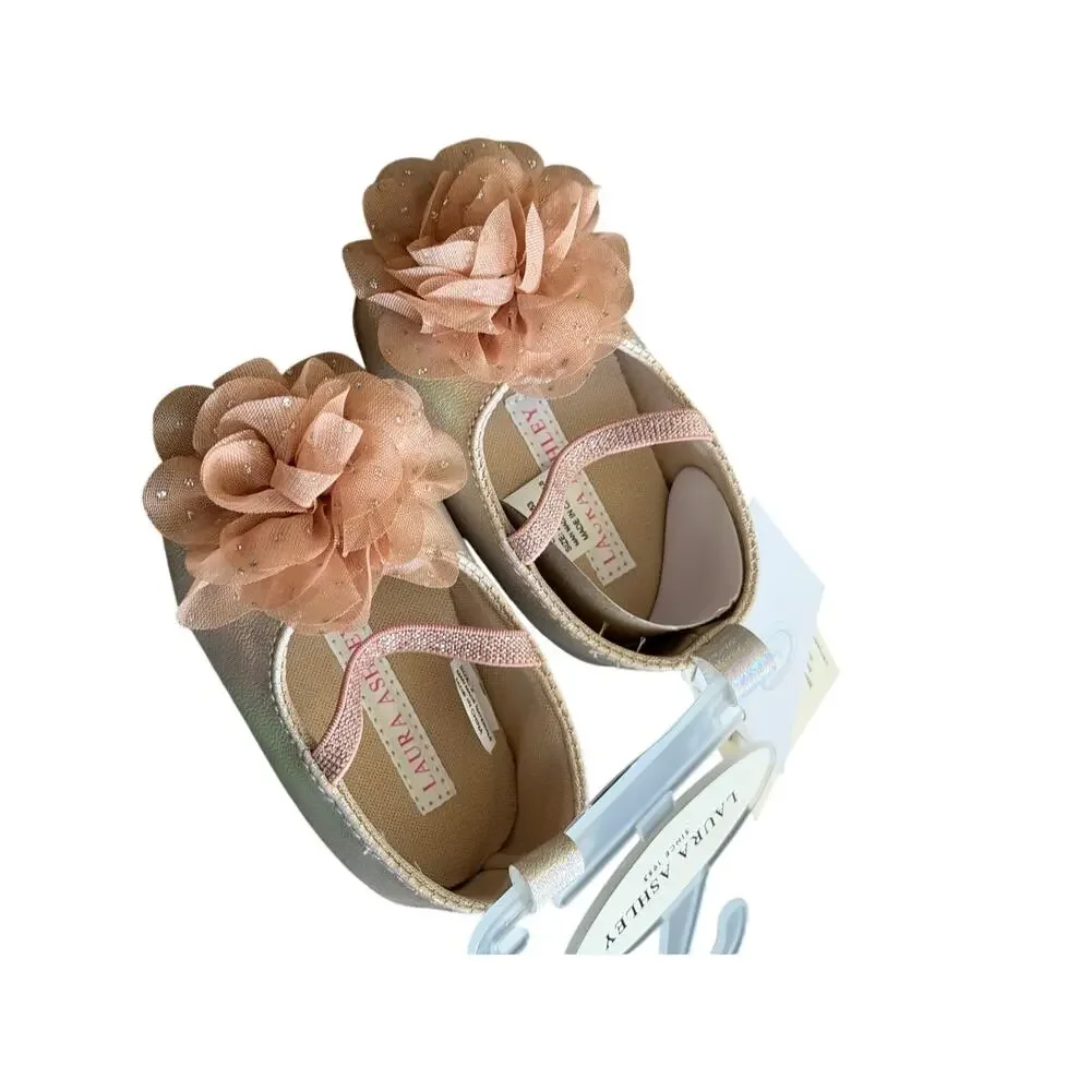 Laura Ashley Baby Girl Gold Ballet Flats Mary Jane Flower Shoes Size 2 NWT